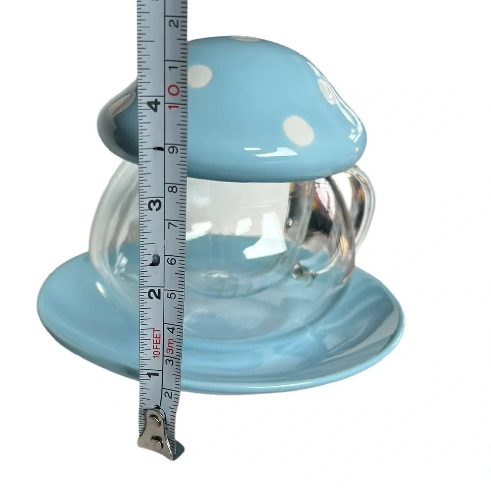 NIB Blue Mushroom Glass Tea Cup With Infuser Lid Saucer